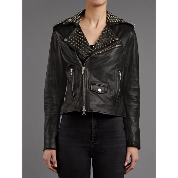 Muubaa Voisin Leather Studded Biker Jacket Size US 4 S Womens Black $700 - Picture 1 of 16